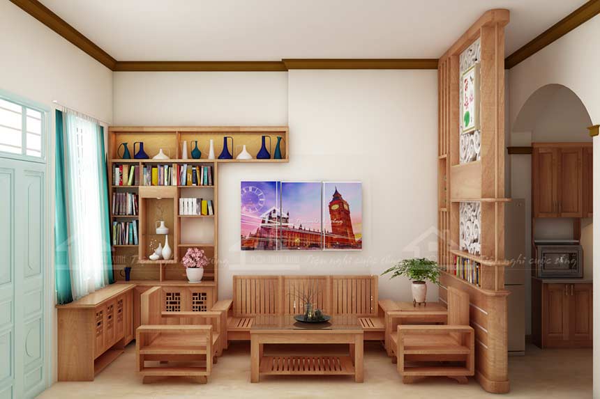 Với diện tích 30m2 không gian phòng khách được bố trí nội thất gọn gàng, toàn bộ đồ gỗ nội thất đều là điểm nhấn ấn tượng