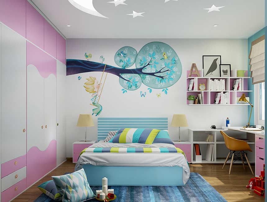 Không gian thiết kế sử dụng màu sắc hòa hợp, giấy dán tường trang trí đáng yêu