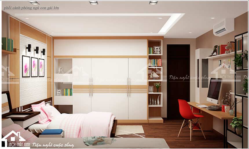 Không gian căn phòng được thiết kế nhẹ nhàng, tinh tế, các món đồ nội thất sắp xếp gọn gàng, tiện nghi