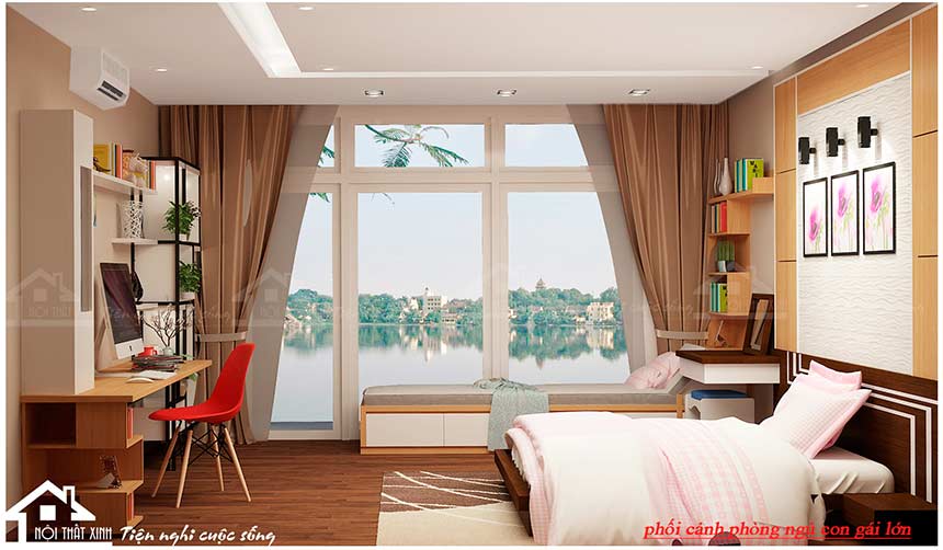 Phòng ngủ thiết kế cửa sổ mặt kính hướng ra hồ tạo nên bước tranh "phong thủy hữu tình"