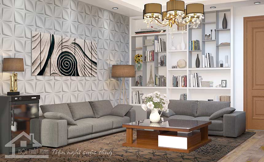 Phòng khách thiết kế theo phong cách master với bộ ghế sofa văng làm điểm nhấn, kết hợp với tranh treo tường, giấy dán tường tạo chiều sâu