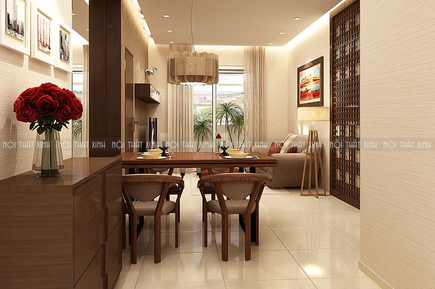 Thiết kế căn hộ Green Star với phòng khách và phòng bếp liên thông với nhau tạo không gian mở tiện nghi