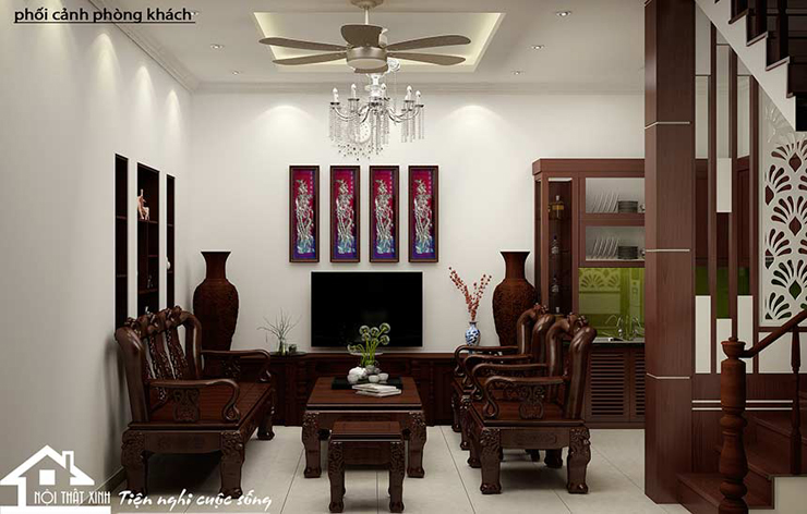 Bộ bàn ghế gỗ được xem là điểm nhấn khi phối cảnh cùng với bộ tranh treo tường màu sắc cuốn hút