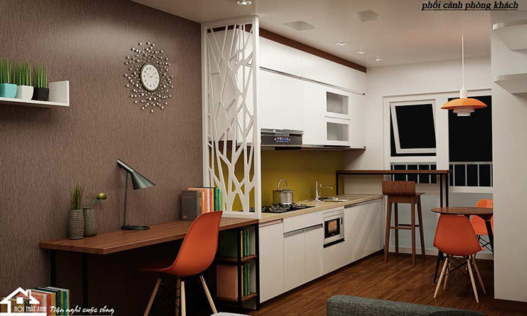 Phòng bếp thiết kế đặt cạnh ban công giúp không gian thoáng, dễ chịu hơn