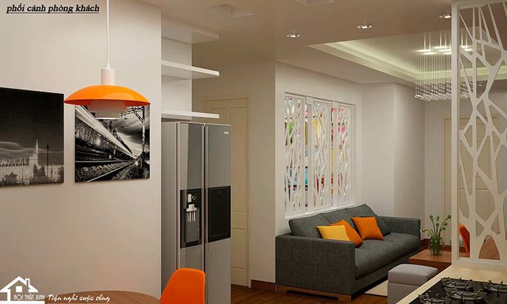 Không gian nội thất phòng khách được thiết kế mở nối liền với phòng bếp ăn