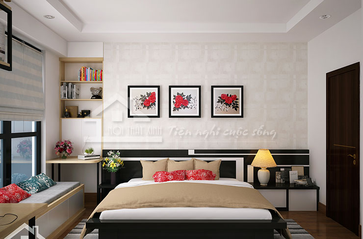 Phòng ngủ vợ chồng được thiết kế theo phong cách trẻ trung, sang trọng