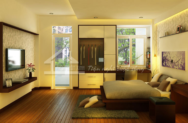 Căn phòng ngủ thiết kế hệ thống cửa kính với ban công rộng, thoáng