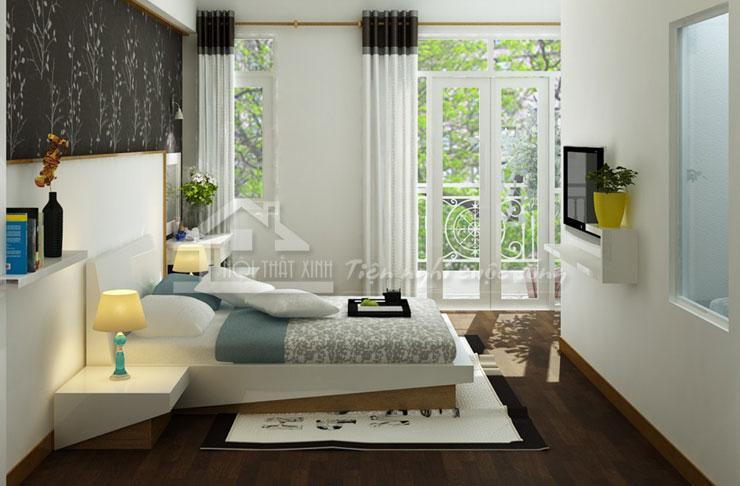 Căn phòng ngủ được thiết kế mang vẻ đẹp hiện đại, với sự sáng tạo trong cách trang trí đồ nội thất