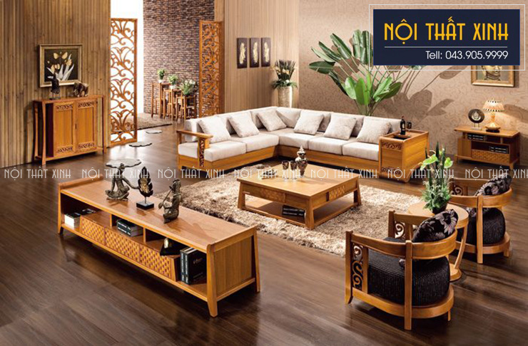 Không gian nội thất ấm cúng với mẫu sofa gỗ kiểu dáng hiện đại, sang trọng