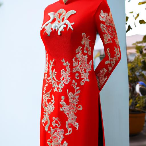 Áo dài cách tân có váy màu đỏ rực rỡ với chi tiết thêu tinh xảo và cổ cao
