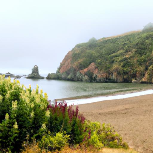 Bãi biển yên tĩnh bao quanh bởi cây xanh và những vách đá cao vút.