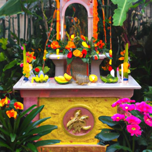 Bàn thờ ngoài trời được bao quanh bởi cây xanh và hoa tươi sặc sỡ, tôn vinh lòng từ bi của Phật Bà Quan Âm dành cho mọi sinh linh.