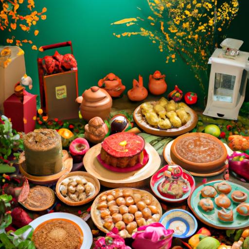 Một bàn tiệc trang hoàng với nhiều loại bánh trung thu và hoa quả tươi ngon để kỉ niệm dịp Trung thu.