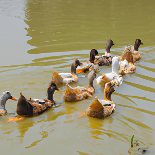 Bầy vịt đang bơi lội trên mặt hồ, tạo nên không gian yên bình và thư giãn.