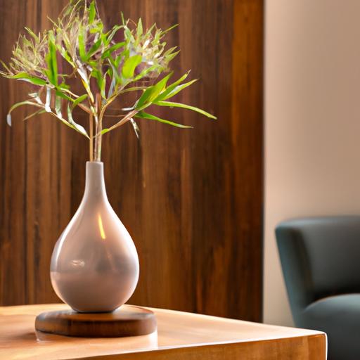 Bình hoa sang trọng chứa cây trường sinh được đặt trên bàn gỗ trong không gian thiết kế hiện đại