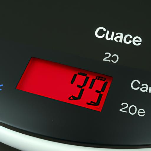 Gần cảnh của máy cân kỹ thuật số trong nhà bếp hiển thị trọng lượng của một đồ vật bằng ounce và gam.
