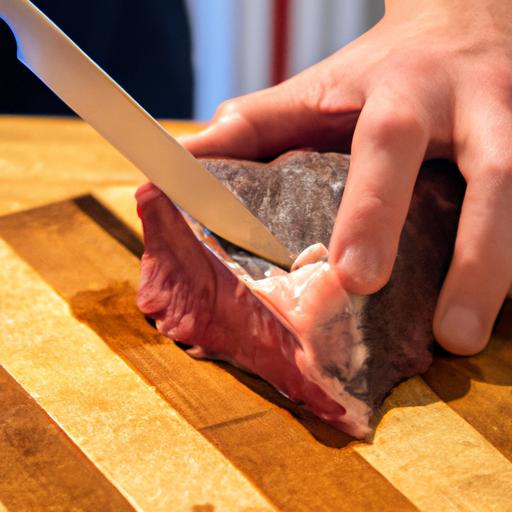 Người đang cắt từng miếng thịt bò sống với dao sắc trên tấm thớt cắt.