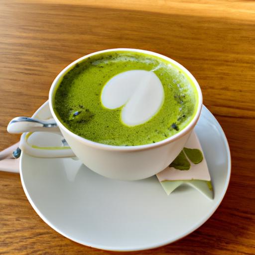 Cốc matcha latte với lớp kem sữa đánh bông và bột trà xanh phủ trên cùng