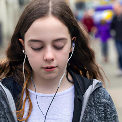 Một cô gái tuổi teen mang tai nghe, đi dọc qua một con phố đông đúc và nhìn xuống đất