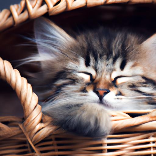 Một con mèo lông xù đang ngủ trong giỏ