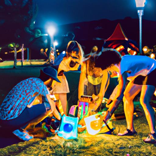 Nhóm bạn chơi đùa với nhiều loại đồ chơi khác nhau dưới ánh đèn lồng sặc màu trong công viên.
