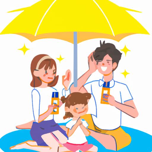 Gia đình ngồi dưới áo dù và đang sử dụng kem chống nắng kopher
