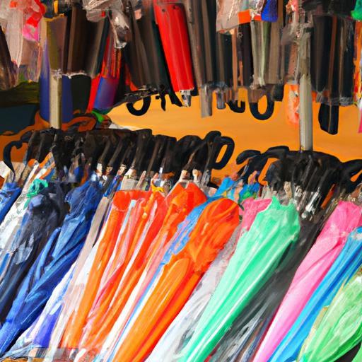 Gian hàng chợ ngoài trời bán các loại ô dù với nhiều màu sắc và kích thước khác nhau