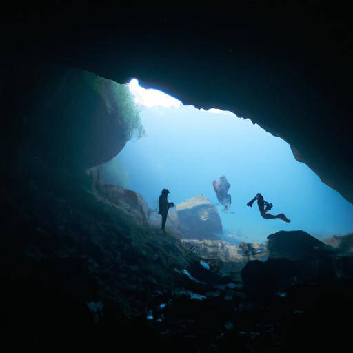 Một hang động dưới nước với các tay lặn khám phá cung lặn bên trong