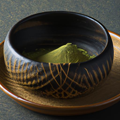 Gần cận hạt trà matcha trong một bát sứ truyền thống của Nhật Bản.