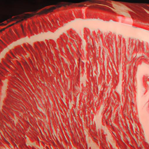 Bức hình chụp gần một miếng bò sống tươi mới, thịt đỏ ngả về đỏ sẫm kèm theo lượng mỡ vân nhiều.