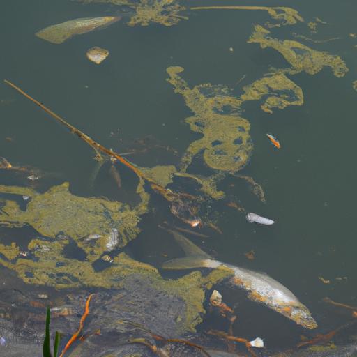 Hồ ô nhiễm với cá chết trôi trên mặt nước