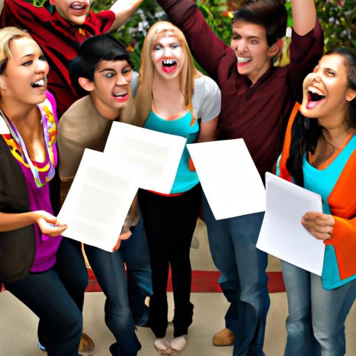Một nhóm học sinh vui mừng cổ vũ lẫn nhau với nụ cười hạnh phúc sau khi nhận được thư chấp nhận vào đại học.