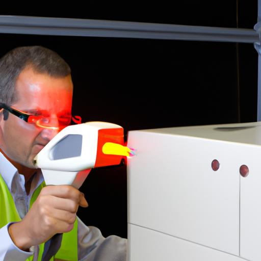 Kỹ sư đang dùng máy bắn tia laser để đo một thứ gì đó chính xác.
