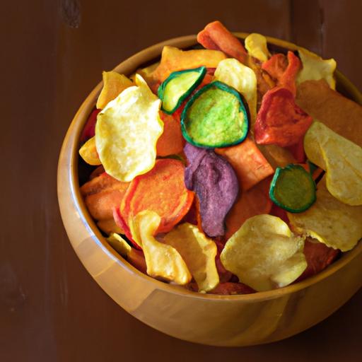 Một loạt các loại snack khoai tây, cà rốt, củ cải đủ màu sắc trong bát gỗ