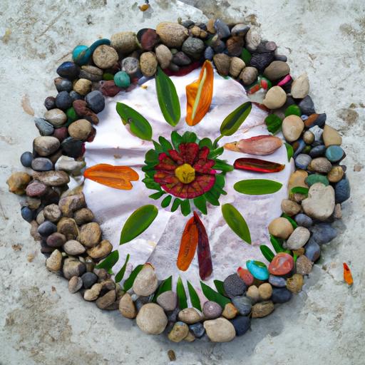Một bức tranh mandala được làm từ các vật liệu tự nhiên như lá, hoa và đá.