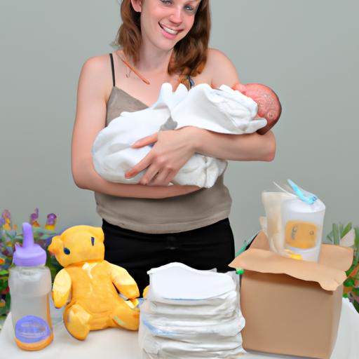 Một bà mẹ ôm bé sơ sinh và gói sản phẩm chăm sóc sau sinh