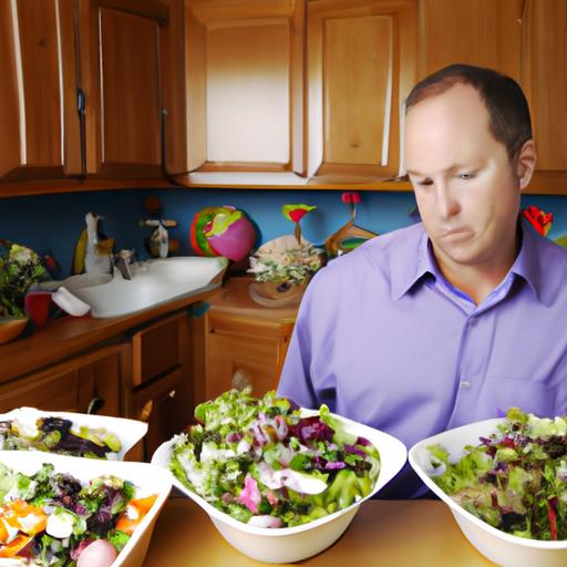 Người đàn ông tránh thực phẩm không tốt và chọn salad cho bữa trưa của mình
