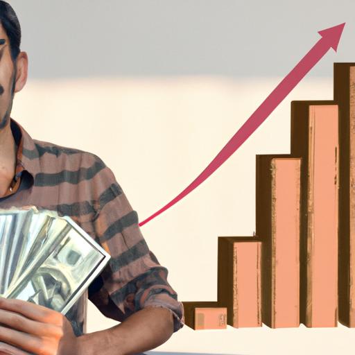 Người đàn ông giữ một chồng tiền và đứng trước biểu đồ thể hiện sự tăng trưởng của dự án đầu tư theo thời gian