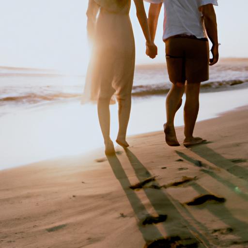 Một người đàn ông và một người phụ nữ nắm tay nhau đi bộ trên bãi biển lúc hoàng hôn