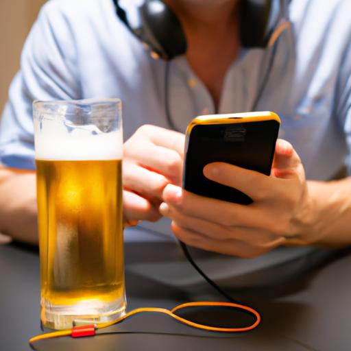 Người đàn ông cầm điện thoại nghe nhạc với tai nghe và uống bia