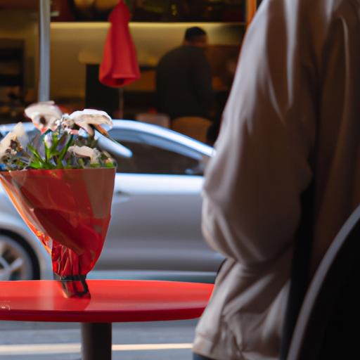 Một người đang giữ hoa và đợi ai đó bên ngoài quán cafe