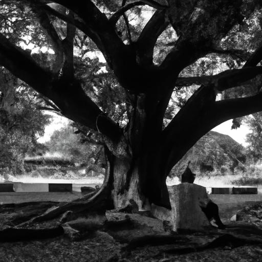Người lão ngồi dưới bóng cây cổ thụ khổng lồ.
