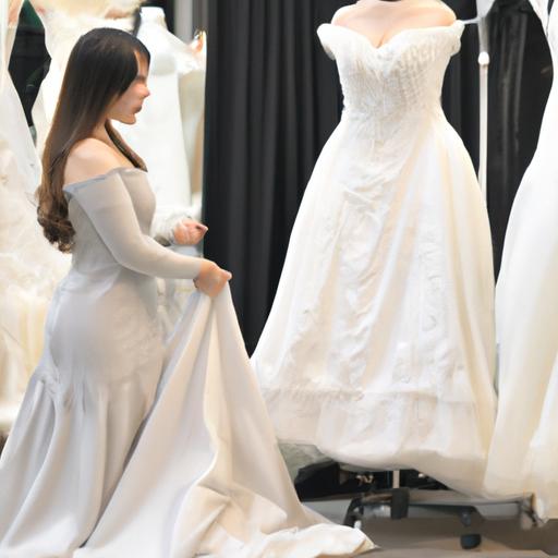 Người phụ nữ chọn váy cưới tại cửa hàng