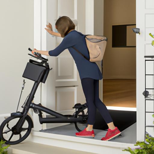 Một người phụ nữ mang chiếc xe đạp điện gập gọn vào căn hộ của mình