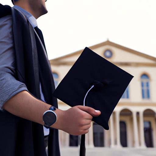 Người đang cầm chiếc nón tốt nghiệp trước tòa nhà đại học, trông tự hào và thành công.