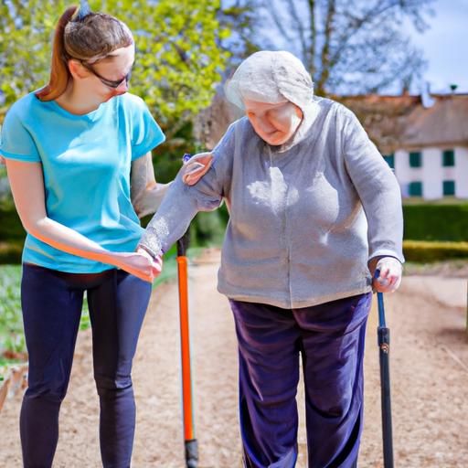 Nhân viên chăm sóc giúp đỡ người phụ nữ già tập thể dục đi bộ ngoài trời