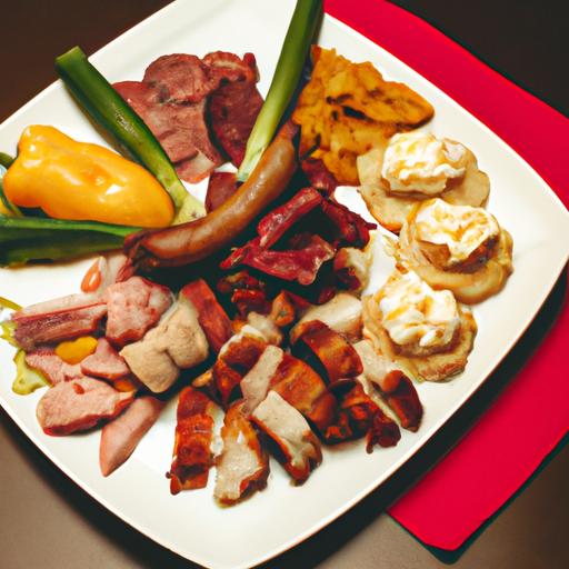 Nhiều loại thịt đã được chế biến sẵn, được sắp xếp trên đĩa cùng rau quả