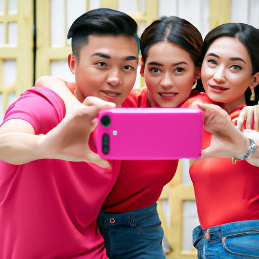 Nhóm bạn chụp ảnh selfie với những chiếc điện thoại Huawei Nova 3e màu hồng của mình