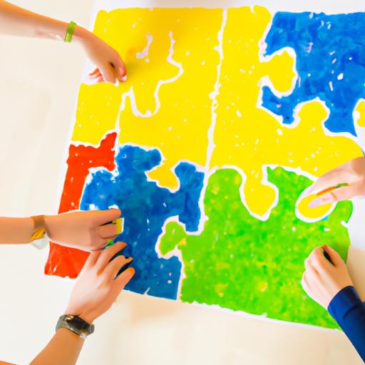Một nhóm bạn vẽ một câu đố nhiều màu sắc trên một tờ giấy lớn cùng nhau.
