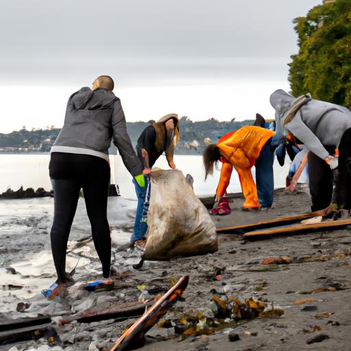 Nhóm người thu gom rác trên bãi biển bị phủ kín bởi nước lênh đênh